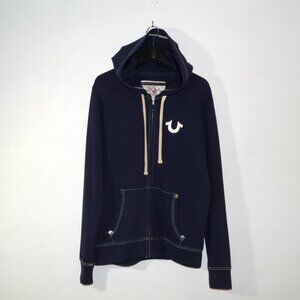 True Religion Navy Blue Classic Logo Zip Up Hoodie Buddha Logo EUC Mens Large